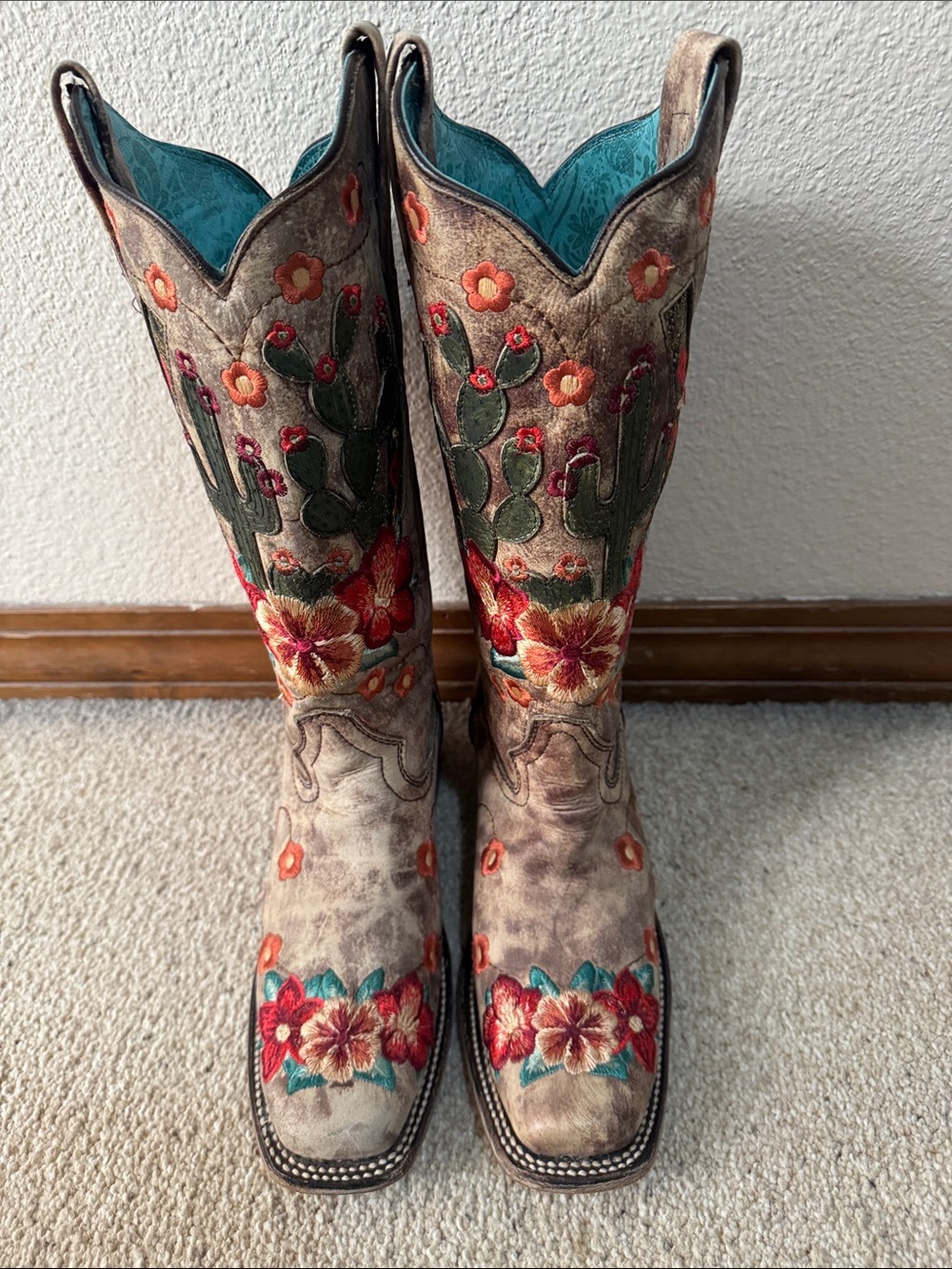 Corral Floral Cactus Embroidered Taupe Teal Women's Heeled Boots - Picture 2 of 8
